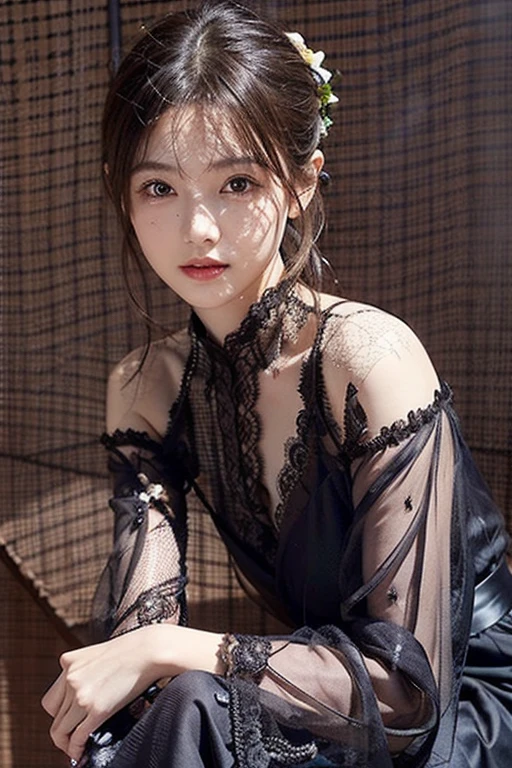 Pretty and very elegant girl wearing a talk cap decorated with big light red lace flowers. Her entire face is covered with lace. She wears a loose-fitting light red lace cocktail dress that hangs over her shoulders. Her skin is very shiny. Her arms are folded、The fingertips of one hand touch her chin. The background is beautiful black. The room is dimly lit.、She is gently illuminated.
Very shallow depth of field、the background is blurred. delicate hand