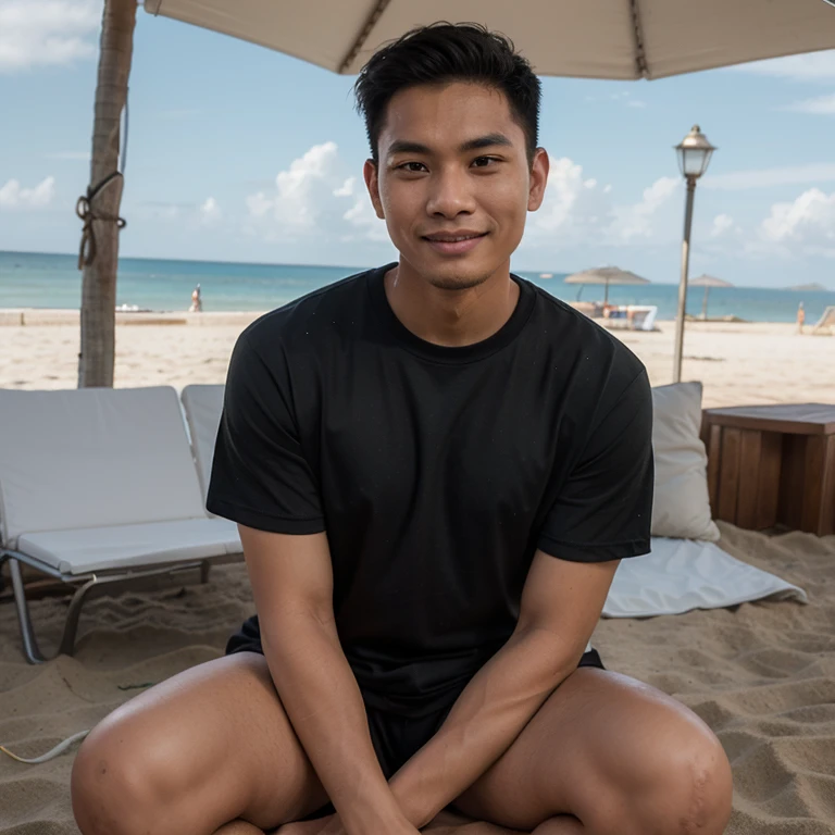 (photorealism:1.2), handsome asian boy, shirtless, only wear undies, big bulge, sitting on the beach