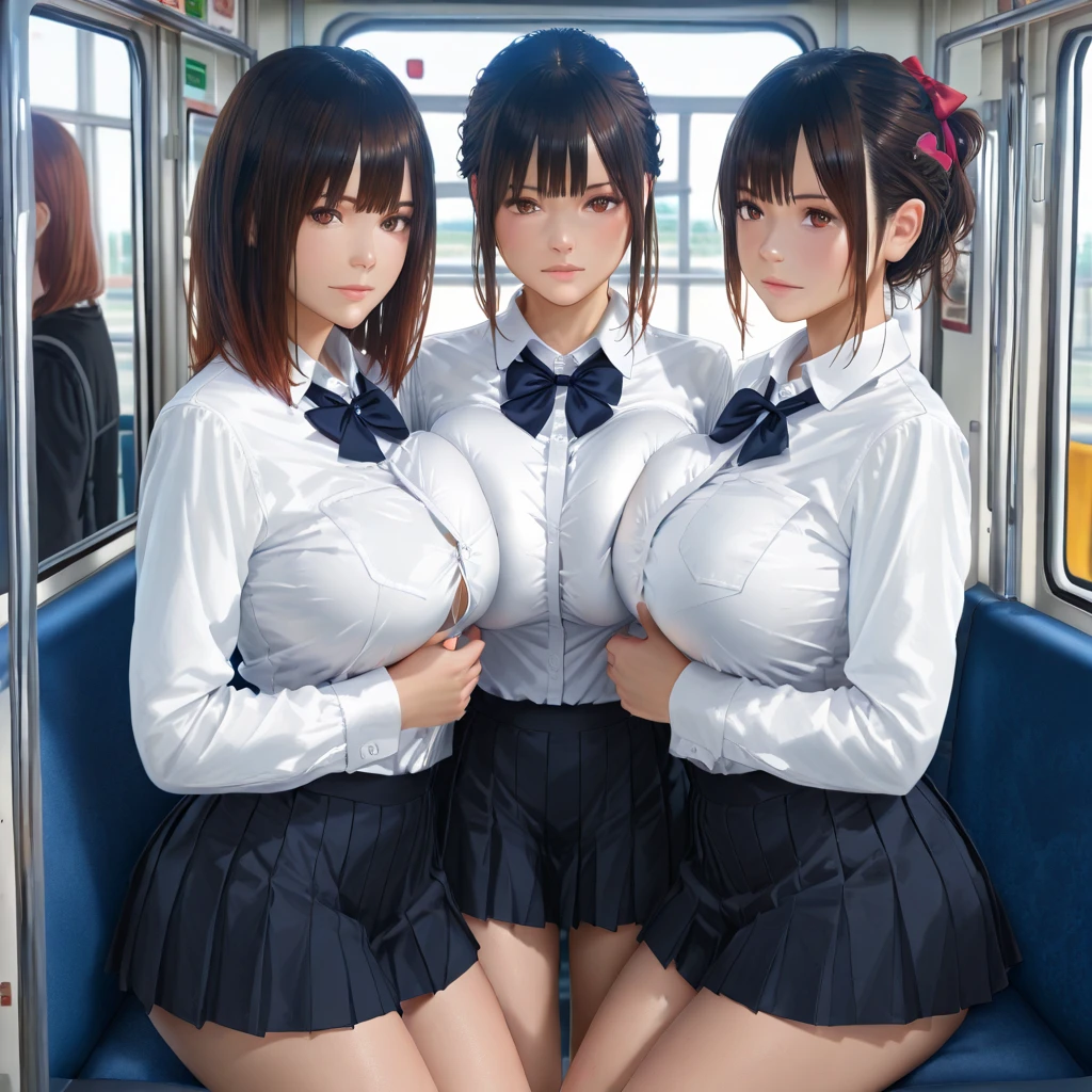 8k,best quality, masterpiece, ultra detailed, ultra high res, photorealistic, raw photo, absurdres, absolutely resolution, 1girl, solo,upper body, looking at viewer,a Japanese young pretty girl, Japanese idol,hyper cute face, glamorous figure, gigantic breasts, , nsfw, ((showing nipples)), long bob hair, (seductive smile:1.3), (school uniform:1.3), ((Sitting cross-legged on a train seat)), glossy lips, double eyelids in both eyes, natural makeup, long eyelashes, shiny smooth light brown long bob hair, asymmetrical bangs, shiny skin, central image, high resolution, high detailing, detailed hairstyle, detailed face, spectacular movie lighting, octane rendering, vibrant, hyper realistic, perfect limbs, perfect anatomy, 1 boy in suits