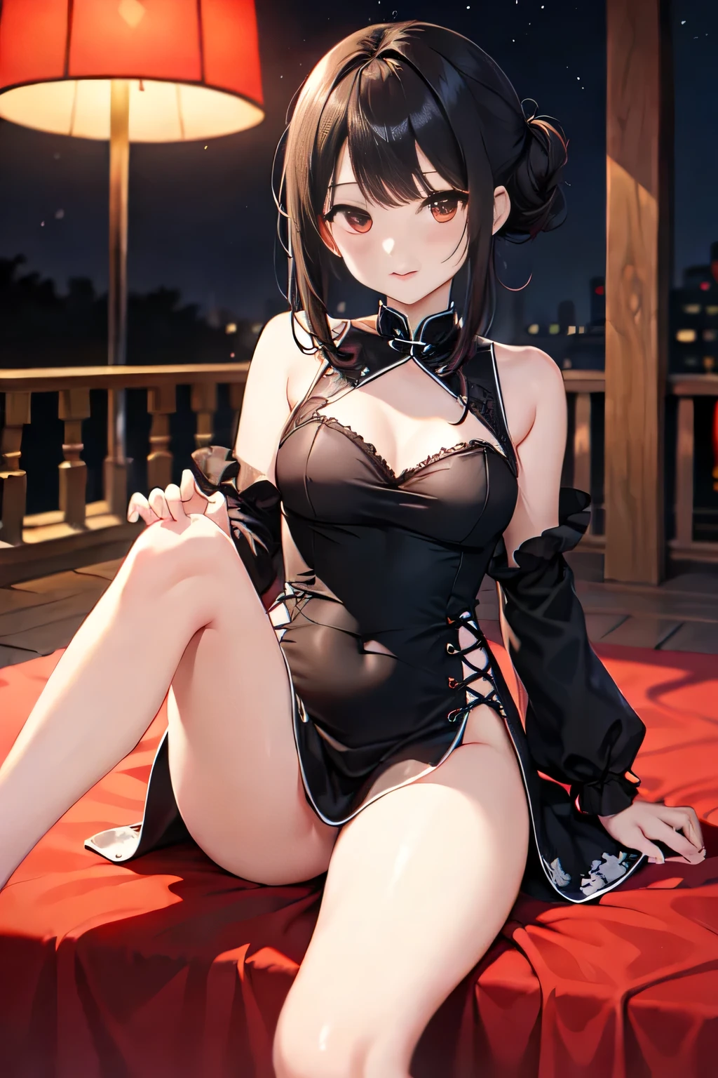 one-girl, short blouse, Slender legs, The barefoot, On the balcony,Lean, Slim, outstretched legs, The city of the night，As estrelas， Hair accessories with bows,  short detailed hair, Black hair,with brown eye， Anime style, Chiaroscuro, reflective light, back lit lighting, hyper HD, ccurate, High details, Best quality