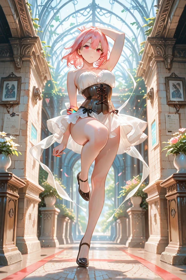 Girl, skinny with small breasts, short messy blonde hair, white cape, white stockings, white boots, tight white sports bra, (tiny white thong bikini bottoms with rose gold trim:1.3), rose gold details on cape, running after 2 bank robbers down an alleyway, daytime, (from behind:1.4), low angle, looking away from viewer
