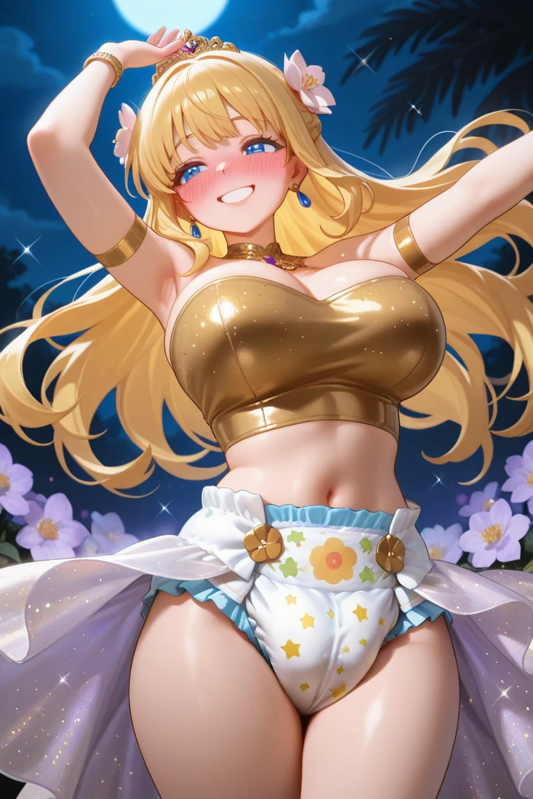 Bishojo anime style,pregnant high school girl,
blonde long hair with 1 side bun,
wearing Cow pattern print bikini,
scrunchie,Semicircular eyes,laugh,happy mood,