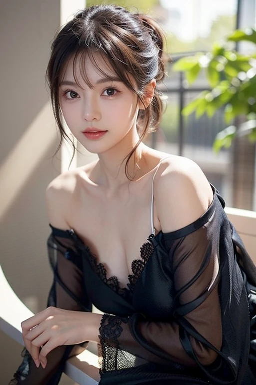 8k, Ultra-high resolution, highest quality, masterpiece, Surreal, photograph, 1 girl, (16 years old:1.3), pretty girl, Cute Face, Beautiful eyes in every detail, 細かくdetailedに,masterpiece,, One Girl:1.2, Japanese womenアナウンサー, Japanese women, goddess, Perfect body, Upper Body, Ball Hair, Fine texture and feel of the fabric, detailedな目の質感, detailedな目玉, Long eyelashes, fine eyelashes close-up, double eyelid, A light smile, photographモード, Eyes looking out the window, 8k, Best image quality, masterpiece, Ultra-high resolution: 1.2, エレガントなスタイルをテーマにした美しい女性のphotograph, Arapai woman in a navy blue dress looking out a window, photographモード, Chiffon fabric, detailedな生地の質感, Slip dress, fluent dress, Elegant navy blue dress, Elegant Dresses, Upper Body view, Wearing a dress, (~ side) silhouette, Elegant Dresses, Wearing a dress, Back view, Tight fit,Bold Pose,Looking at the audience、beauty,Long neck、Laugh a little、Please close your mouth and laugh、(((Ideal body type))),A cup small breasts :2,、Portraiture:2、Perfect Anatomy、鮮明なdetailed、detailed、Surreal、Light and shadow,Strong light,Fashion magazine cover,Thin lips