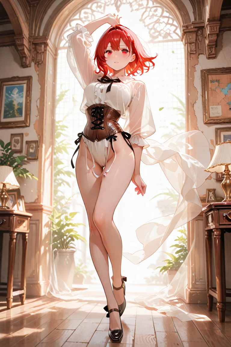 1 girl, natural lighting, Masterpiece, Very detailed, illustration, CG game, absurdities, high quality, medium breasts, redhead, Slightly curly hair, Horse tail, parts, bright lips, looking at the viewer, lips parted, clavicle, (((ballet dancer, sleeveless leotard))), (Cold), session, (Bended knees:1.3)