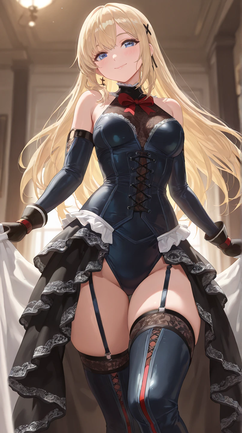 outfit-tiamate, kneeling,1girl,Abigail Williams, blue eyes,breasts, solo,  curled horns,large breasts,  cleavage, looking at viewer<lora:outfit-tiamate-pynoise-000006:1.05>