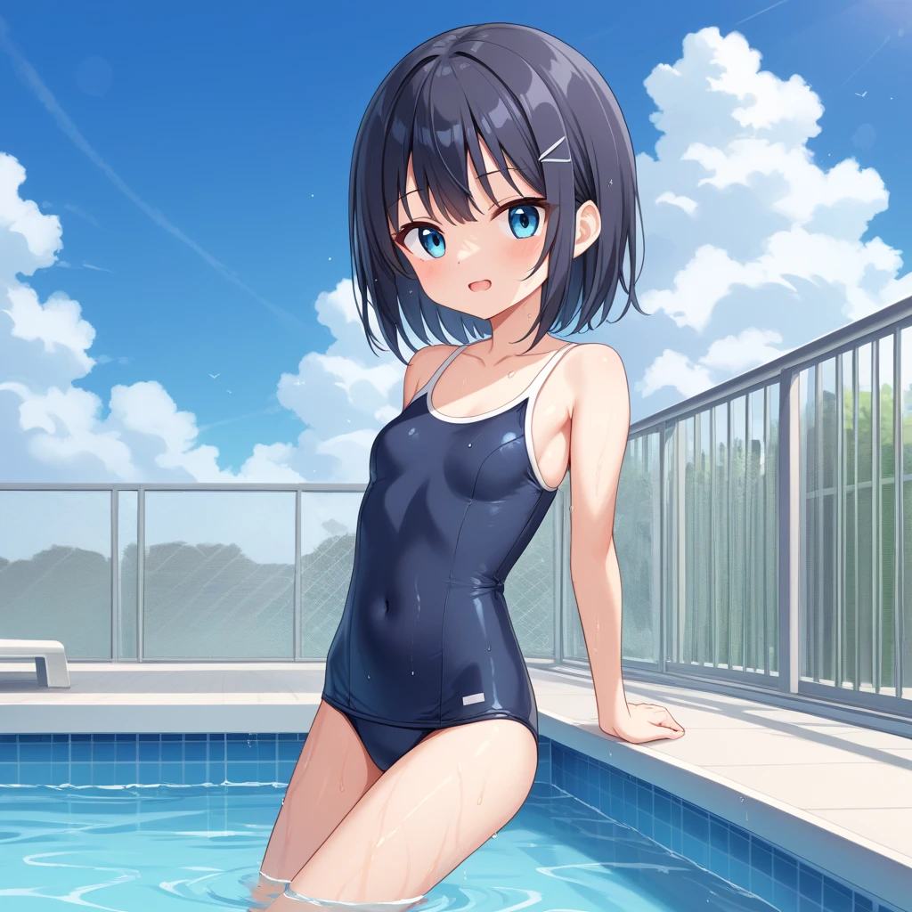 anime girl in a navy スクールswimsuit sitting on the ground next to a pool, Smooth anime CG art, is wearing a スクールswimsuit, スクールswimsuit, 魅惑的なanime girl, anime moe art style, Cute girl anime visual, wallpaper anime blue water, naughty anime style、cinematic lighting、highest quality、(1 female)、スクールswimsuit、しゃがんでopen your legs、open your legs、school pool、black haired、butt、young face、baby face、anime girl、master piece, highest quality, highest level, Highest image quality, muste piece, intricate details, high resolution, depth field, Natural light, professional lighting, old style school swimwear, navy blue school swimsuit, ((The shoulder straps of the swimsuit slip off., come off)), from below、((from the front)), ((Concrete background)), Hands in the correct position、5指anime girl in a blue swimsuit sitting on a dock by the water, wallpaper anime blue water, Ilya Kuvshinov. 4k, is wearing a swimsuit, swimsuit, anime moe art style, 魅惑的なanime girl, Ilya Kuvshinov landscape, Makoto Shinkai and Artgerm, 4k manga wallpaper, 4k anime wallpaper, Smooth anime CG art