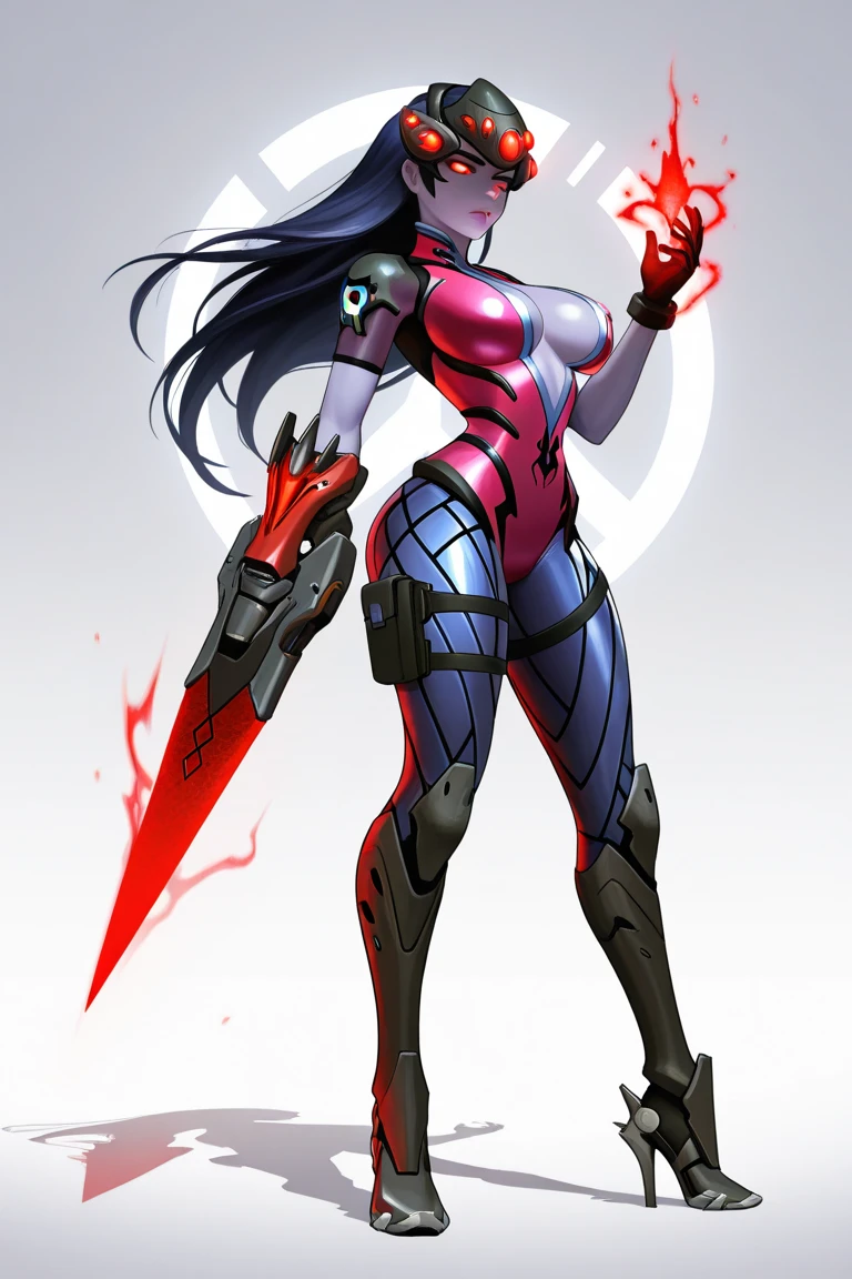 A girl with beautiful detailed eyes, beautiful detailed lips, and an extremely detailed face. 1girl. She is the widowmaker. Her gaze pierces the darkness. The striking contrast between her pale skin and her dark, flowing hair adds to her mysterious aura. She wears a tight-fitting, futuristic black suit that accentuates her graceful figure. The suit is adorned with blue accents that glow with a faint, ethereal light. Her stance is elegant yet poised, as if she is ready to strike at any moment. The background is a dimly lit room with a subtle blue ambiance, enhancing the air of intrigue and danger surrounding her. The image quality is set to (best quality, 4K, highres, masterpiece:1.2). The art style is sleek and stylized, giving it a unique and futuristic feel. The color palette is predominantly cool tones, with shades of blue and gray creating a brooding atmosphere. The lighting is dramatic, with soft, directional light casting intriguing shadows on her face and body.