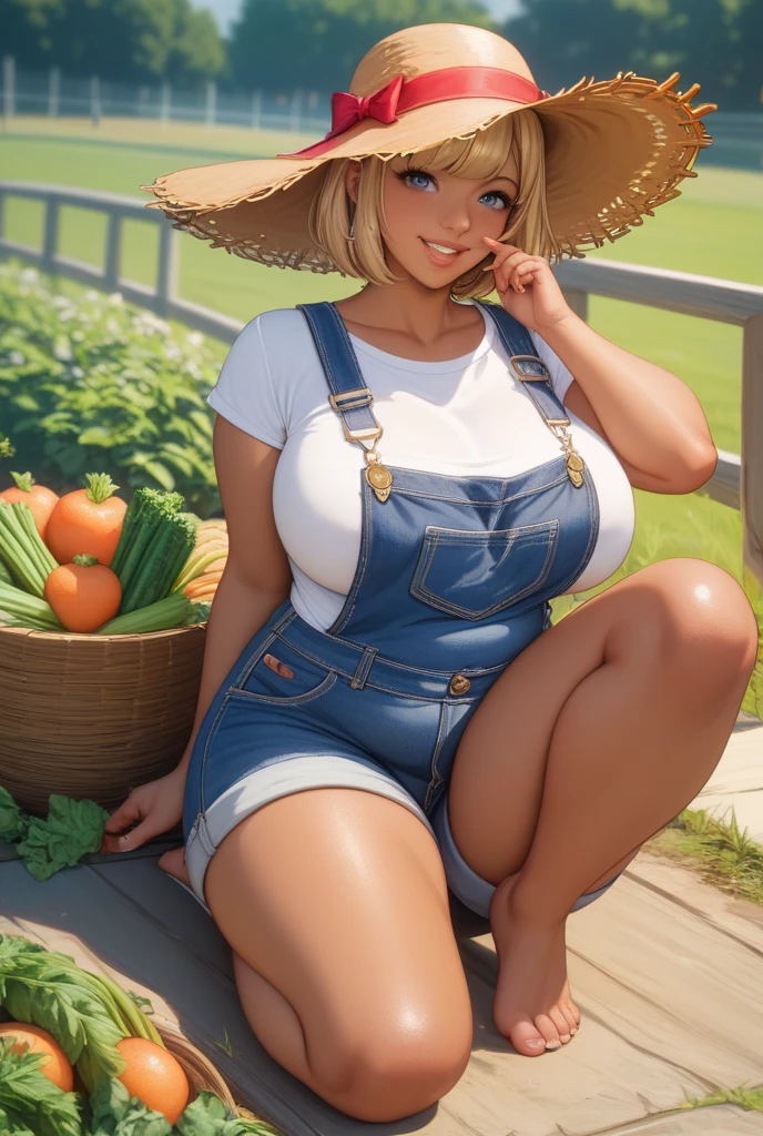beautiful busty with vegetable in Farm Life, gigantic breasts,, giga_busty, Clothing in the mini skirt style, full body shot