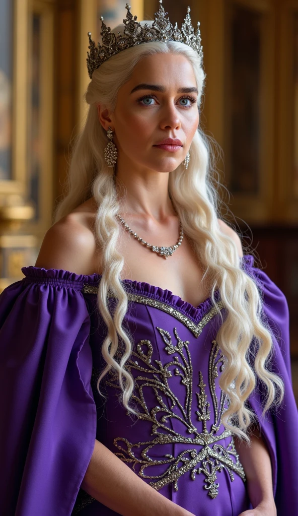 Princess Targaryen, waist-deep in the garden, looks like Daenerys|Natalie Portman, long white curly hair, pale red dress of the 16th century with gold patterns on the fabric, open shoulders, expressive breasts, wide hips, purple eyes, delicate face, hd