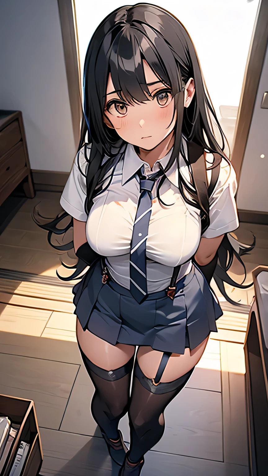 from below、best quality、high resolution、((touch pussy))、(erect nipples)、(see through)((pantyhose))nsfw、((pussy juice))、cum on body / bukkake、excessive cum 、clothed、1girl、Long black hair、((school uniform))、Big breasts、Sit on the bed、spread legs、aroused、skirt lift、see through、wet