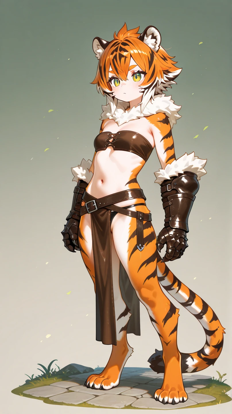 perfect hair, perfect body, looking at the viewer, standing, posing, mature female, very grey skin, muscular body, female oni, big breast, black chocker, slave chains, (((grey skin))), (detailed yellow bikini with tiger dots)
