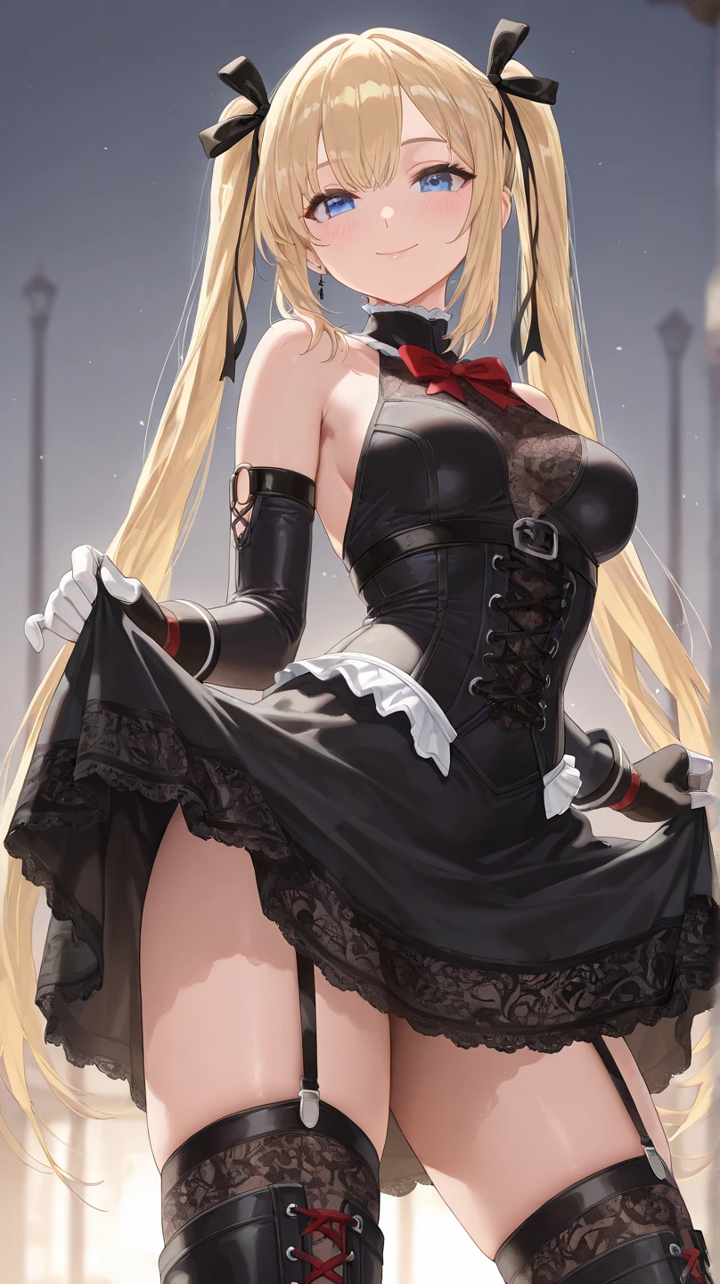 (Ultra extreme detailed),(Masterpiece),(Ultra extreme),(Realistic),CG,(color:1.2), Strong lighting,Light from behind,evaluation:Safety,One blonde, one alone., black,Blonde twin tails,length hair,blue eyes,white_gloves,garter_strap,absolute_ryouiki,Pleats_skirt,white_skirt,blackcolorストーキング,expensive_Heel,white shrite,length_sleeve,black_Cape,short_whiteいショートドレス,Shoulder guard、Lace on chest、Nier Automata((Eye patch、２B ))、((Holding a sword))