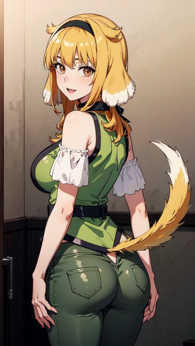 1girl, animal ears, bangs, bare shoulders, belt, black collar, black hairband, rwd blush, breasts, cleavage, leather collar, collarbone, dog ears, dog girl, dog tail, fang, fantasy, floppy ears, from above, full body, green shorts, hair between eyes, hairband, indoors, large breasts, looking at viewer, midriff, multicolored hair, navel, open mouth, orange fur, orange hair, sandals, shiny, shiny hair, shirt, short hair with long locks, shorts, smile, solo, standing, tail, shackles wristbands bracers bracelets sleeves stockings barefoot barehands together slave with stocks