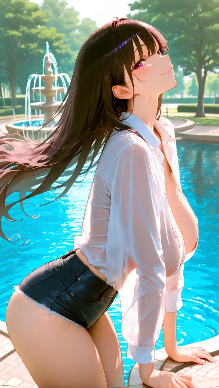 ((Masterpiece, best quality, high quality, highly detailed background)), ((hotel bedroom, indoor, amusement park big window view, (blue sky:1.3), on the bed)), ((sento isuzu)), ((large breasts, nude)), (( reverse cowgirl position, straddling, sex from behind, ass, 1boy, 1girl, sex, penis, (motion lines), pov, cum in pussy, overflowing cum)), ((open mouth, tongue out))