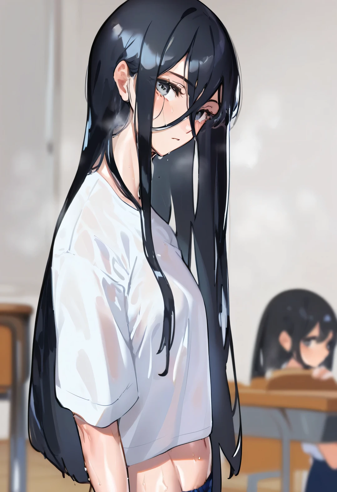 Masterpiece: 1.6, Best Quality: 1.4, Live Image: 1.2, Intricate Details: 1.2, Charturnerv2: 1.2, 1 Female Back at Conference Table with Water Bottle, Flower Pot
Clothing: dress, no waist
Hair: Brunet, long hair.