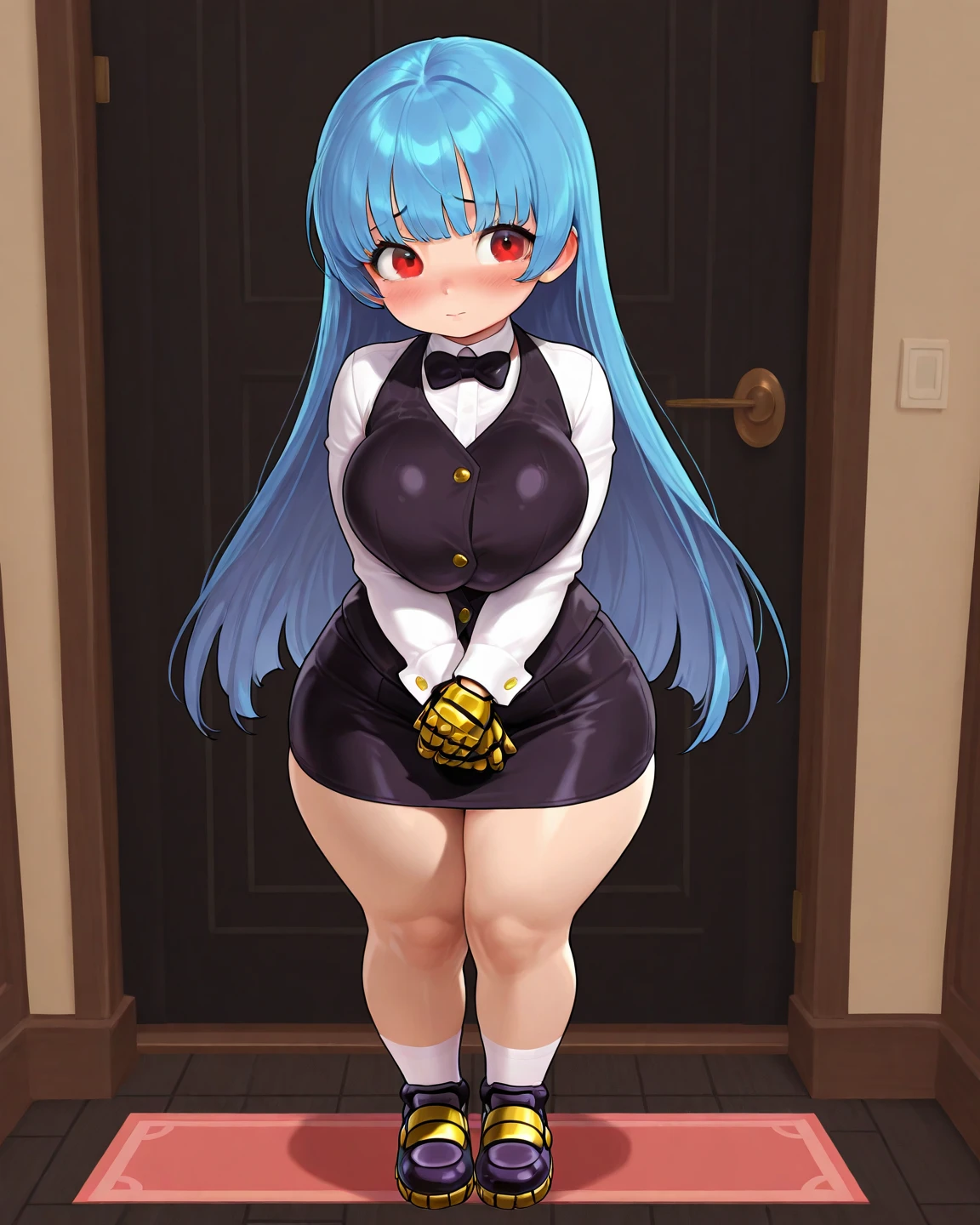 (best quality:1.1),(masterpiece:1.4),(absurdres:1.0), 1girl, blue hair, long hair, black eyes, unusual pupils, black latex bodysuit, nonvisible cleavage, necktie, full body view, big breasts, huge ass, facility, pure white skin, :< face, bright eyes, (chibi:1.3), hands on hips