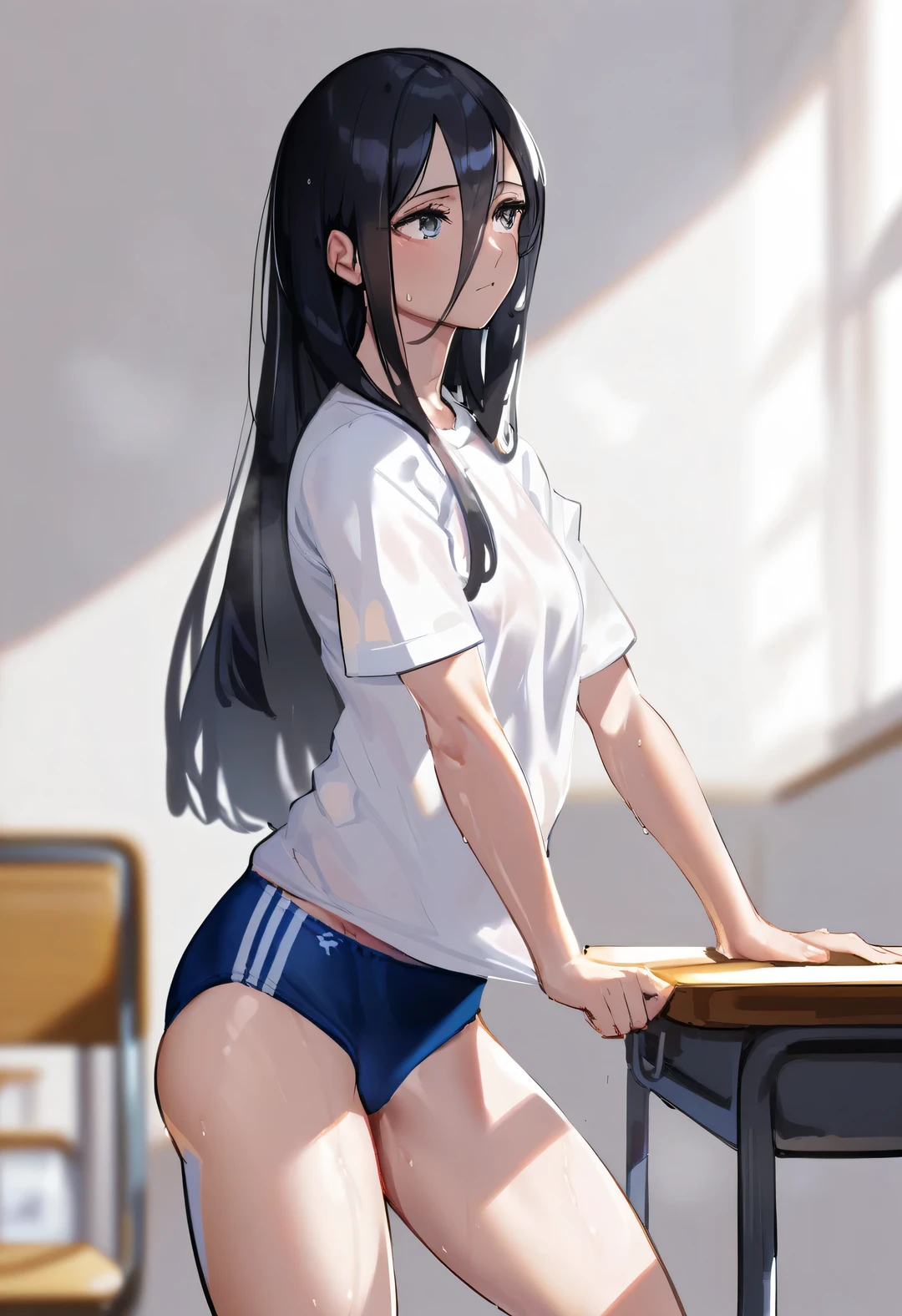 score_9, score_8_up, score_7_up, score_6_up, ((masterpiece,Best Quality:1.3,best quality illustrations)),portrait,cowboy shot,1 woman,adult,straight long hair,black hair,(very small head:1.2), long bangs between eyes,gray eyes,(gorgeous eyes)、shy,very long body:1.2,(School gym blue buruma,white T-shirt,Short sleeve),slender body,toned body,shiny skin,sweat,steaming body,standing,Simple chair、Simple desk、classroom,((Multiple female students in the background))、School、Tokyo、
