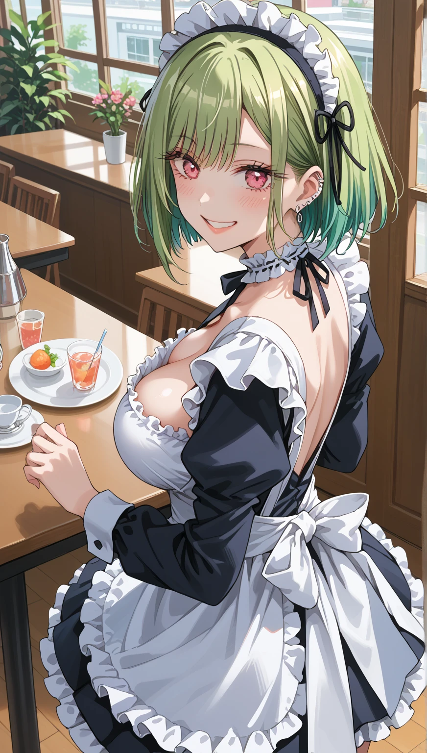 open mouth, 1girl, solo,  maid, detached sleeves, frilled sleeves, bare shoulders, miniskirt,, bar, blush,  looking at viewer,short sleeves,  elbow gloves, thighhighs, dress ,,maid headdress,    holding fork,    breasts,, collarbone,   frilled choker,  ,     , , 1girl, solo, sitting, cream on face,  sitting,embarrassed,   from side,1girl, solo, maiya, black hair, black eyes, bob cut, frilled skirt,  <lora:maiya_ill:1>,cake, masterpiece,best quality, , high quality, good quality, very aesthetic,absurdres,