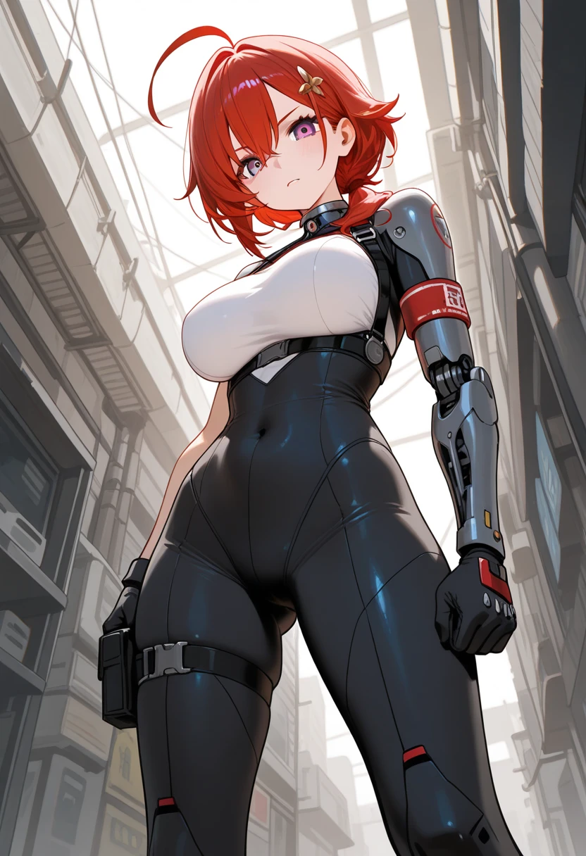 md-mech, upper body, md-mech-1girl, medium breasts, red short hair, looking viewer, standing stylish, hands on hips