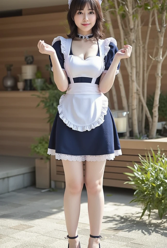 10 year old nerd girl、(Having a blast dressed up as Alice in Wonderland、Short Bob、smile、Big ribbon on head、Very slim:1.4、Very thin thighs:1.4、Very long legs、Beautiful breasts、Cleavage)、Droopy eyes:1.4、Big round eyes:1.3、((Raise your arms in joy))、Filmed at Disneyland