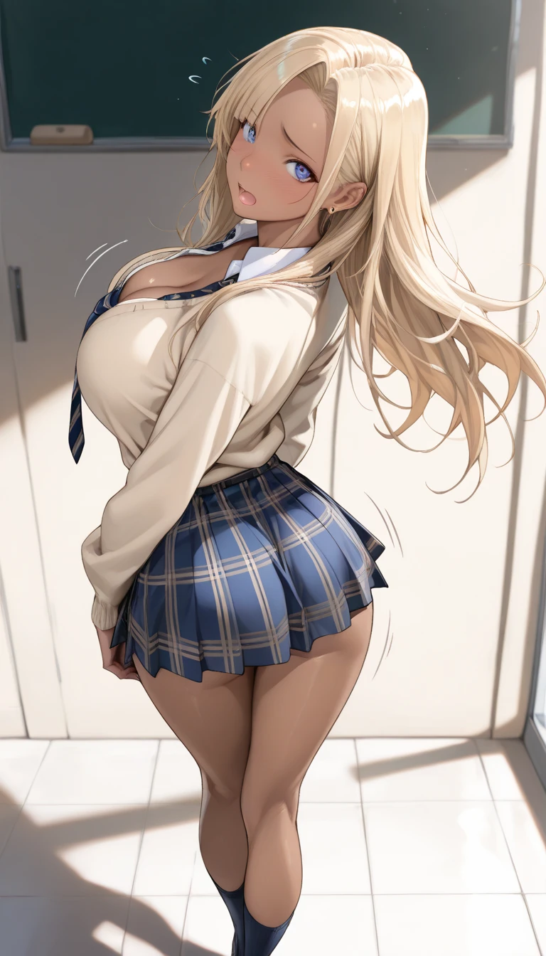 (Masterpiece:1.3、highest quality、Ultra-high resolution、Super detailed)、(Real:1.1、Photorealistic:1.4)、Beautiful illustrations、Perfect lighting、colorful、Border Depth、Beautiful hair in every detail、Beautiful face in every detail、Beautiful definition details、Beautiful clavicle、Beautiful body、Beautiful breasts、Beautiful thighs、Beautiful legs、Beautiful fingers、Show Viewer、1 girl、Japanese、high school girl、Perfect Face、(Perfect Anatomy、Anatomically correct)、Cute and symmetrical face、Baby face、Skin radiance、(Camel Toe:1.5、Shaved:1.2)、Blonde、Asymmetrical Bangs、blue eyes、Long eyelashes、(Chest)、Skinny、(Pull up your skirt、Not wearing underwear、No underwear:2、No bra:1.5)、((Collared short-sleeved shirt、White shirt、White panties、)Grey plaid pleated skirt、There is nothing attached under the skirt))、(Beautiful views)、noon、(classroom、distant cityscape)、Are standing、(She's pulling up her skirt herself:2)、(Cute smile、Blushing、Looking up、Open your mouth)、 (White knee socks:1.5)、hour々squat:1.2、Stick your fingers in your:1.2、