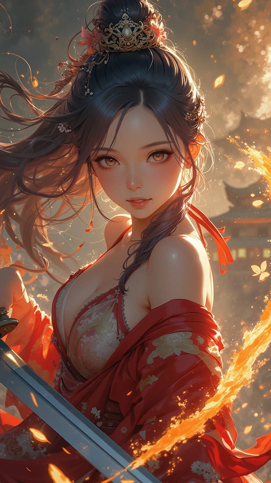 princess azula, evening, sunset, looking at viewer, cleavage, red satin robes, clothed bathing, girl floating above the water, palace, temple, fire, lava, red glowing, smug face (NSFW 1.3),detailed eyes, detailed hands, detailed face, drops of water, drops, full body
