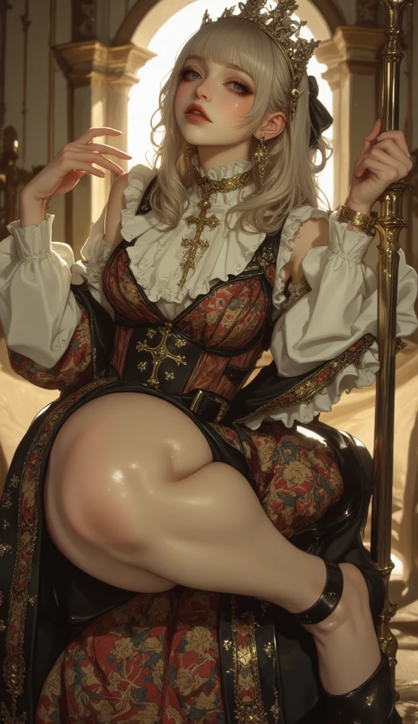 a woman, drooping eyes, ((styled old westerner oil painting)), eyes realistic sizing, (round face), (pubic), straddling bollard that is standing on the floor to hit her crotch, open legs, pubic hair, angle from below, braid, squatting,