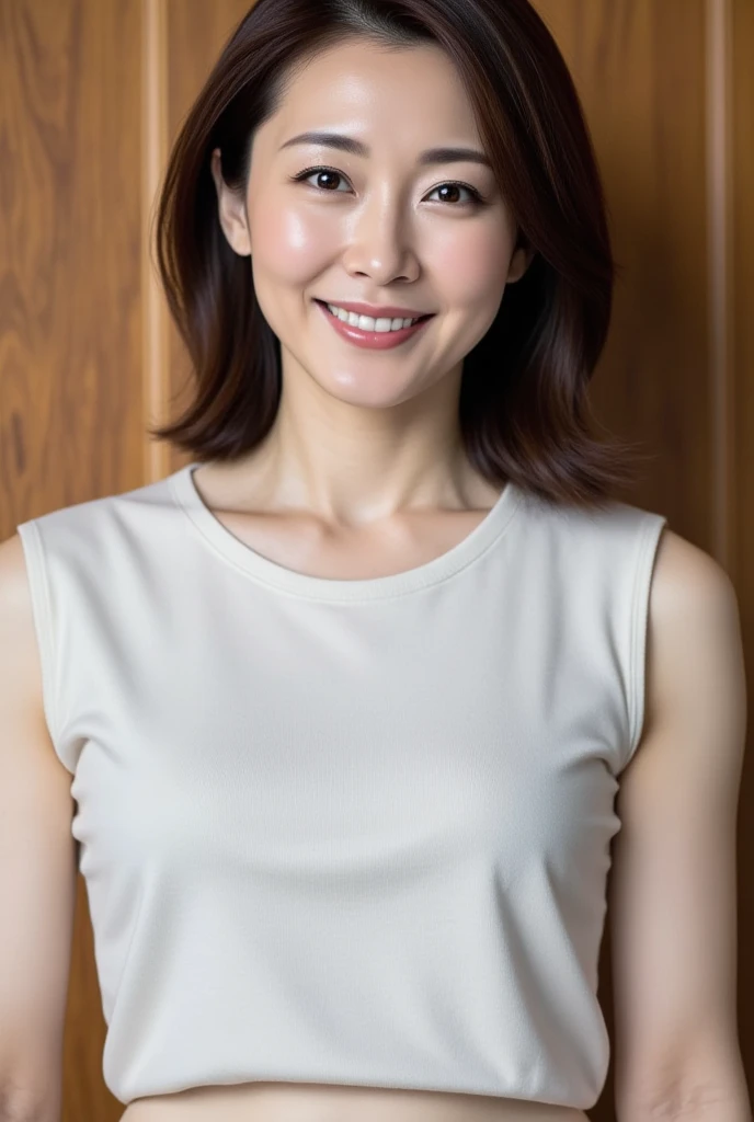 ((Highest quality、8K、masterpiece:1.3))、Realistic, Sharp focus, High resolution, High resolution,Portraiture, One person、Japanese、woman, beautiful woman, (((V-neck sleeveless casual dress)))、30 years old, Glamorous figure, Medium Long Hair,smile、On the Plateau