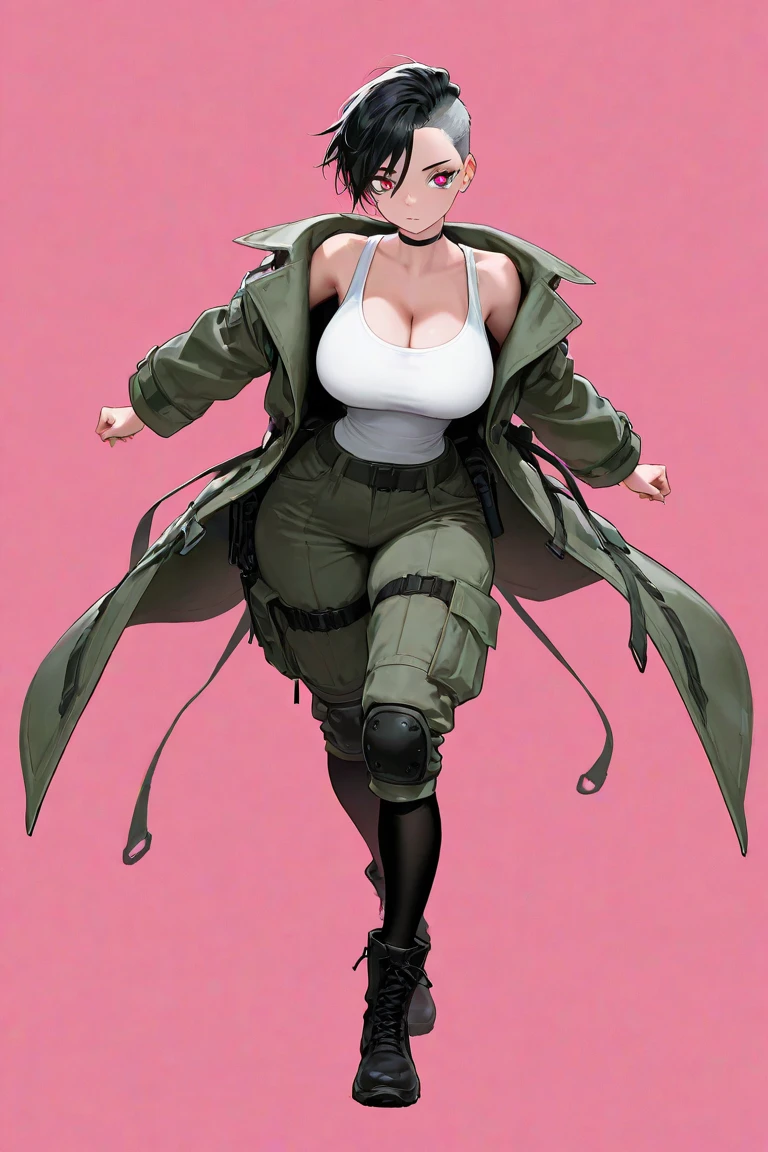 1 girl, ((Green flight jacket、White turtleneck sweater、black pants、boots)), huge breasts, black hair, short hair, straight hair, black eyes ,((white background)), ((whole body,Expressionless))、((facing forward、Standing picture))