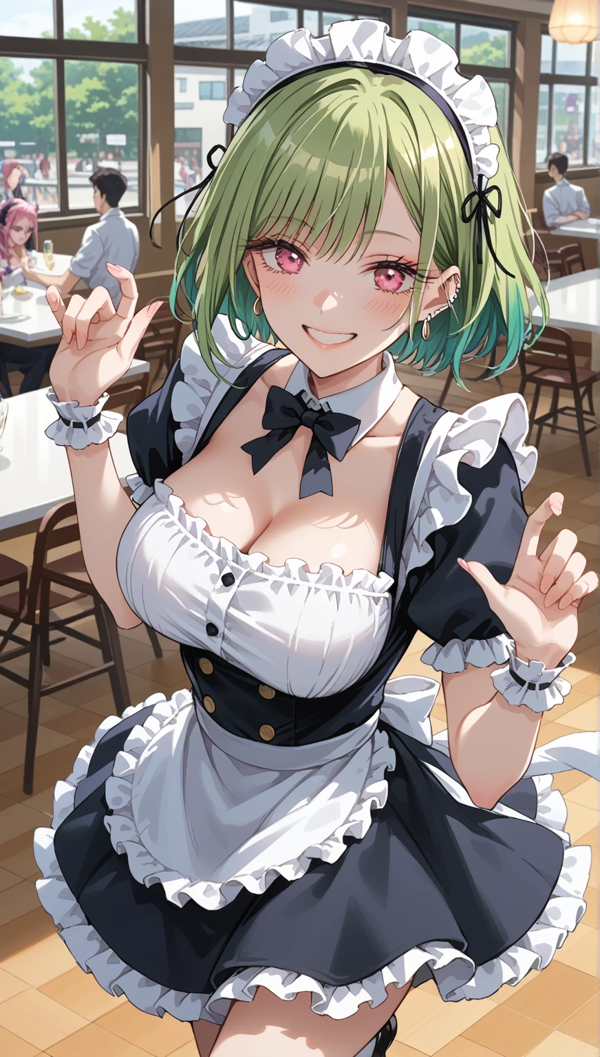 ((Best Quality)), ((Masterpiece)), (Detailed), a perfect face, 1girl, Transparent_Background, 独奏, Hair_over_One_Eye, Green_Hair, frilled_hairband, frills, olhando_at_Viewer, Smile, hooded_mouth, Choker, black_Choker, Portrait, gloves, black_gloves, Red_eyes, black_Background, short_Hair, gotik_lolita, maiden_Dress