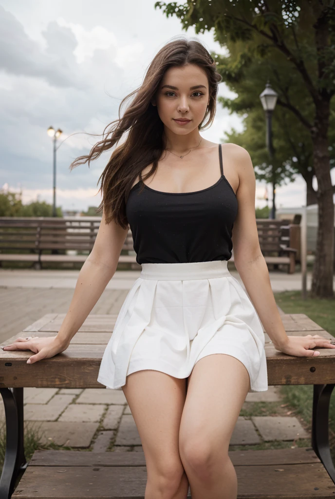 Beautiful 26 years old woman, 170cm high, 60 kg weight, white skin, long curly dark hair, green eyes, wearing black and white stripes vest, long skirt, heels, (((downtown street))), sit on a bench, cute smile, natural morning light, realistic portrait, analog style, underboob, breast, nipple, (((full body))), from above