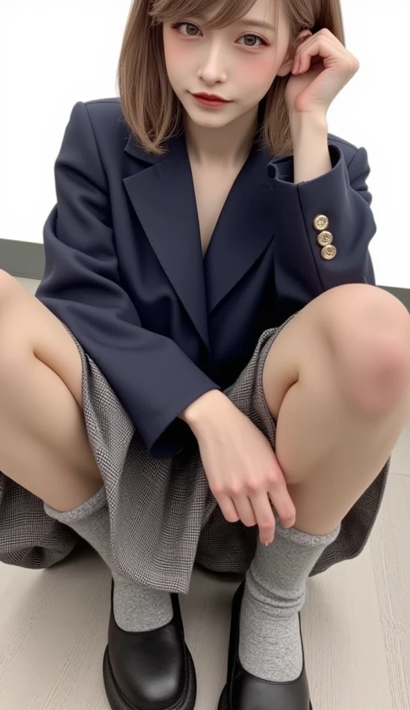8K, RAW Portrait (Japanese women),masterpiece、Photorealistic:1.2、Realistic, Ultra-high resolution, Highest quality, Real Life Photos , ((((1 female:1.5)))), (Cute face:1.3)、Japanese women,((office lady))、((Stage Costumes))、((business art:1.6))、 Short Hairstyles,Slender body,、In the room, beautiful, beautiful目, Silver Hair,(Written boundary depth:1.3)、 ((Dark brown eyes:1.2))、(Realistic skin texture:1.3)、(Immersive atmosphere:0.8、Chiaroscuro:1.2) 、(Look Viewer:1.4)、((Embarrassed look:1.4))、((Red cheeks:1.3))、((From belowの天井:1.2))、(smile:0.7)、((shot))、((A woman rolling up her skirt))、((From below:1.48))、((Crotch close-up:1.52))、((Pictures that emphasize pussy))、((Spread your legs out to the side:1.4))、Real Pussy