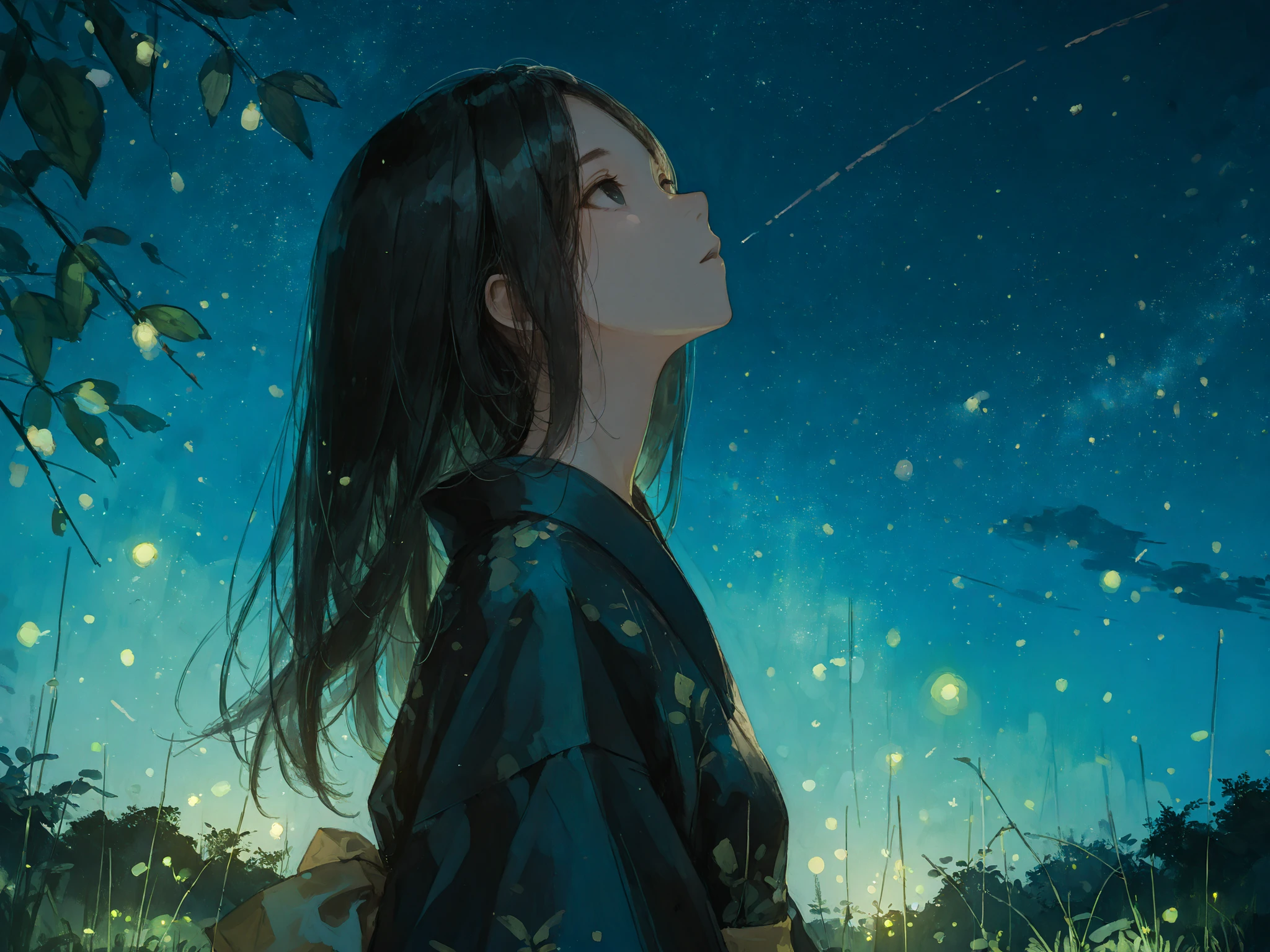 upper shot, makes an aesthetic, Master piece, Best Quality, ultra detailed, a beautiful girl, solo, beautiful black Long Hair, silky straight hair, yukata, night sky, (only fireflies' glow:1.3), late night, traditional Japanese summer, beautiful black eyes, natural elements background, looking up at the sky, filled with the light of fireflies