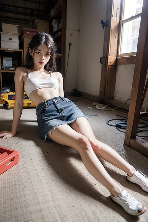 (top-quality), Realistic, (real picture, Intricate details), ((Japanese college girl sitting with open legs in an abandoned apartment building, cracked wall, Messy floor, Pile of rubble:1.2)), ((wet White shirt, Open front of shirt, wet white panties)), (((Small chest:1.3))), Fair skin, (messy Long hair:1.4), (neat face, Parted lips, Head tilt), thighs, Hard lighting:1.3, Full body shot