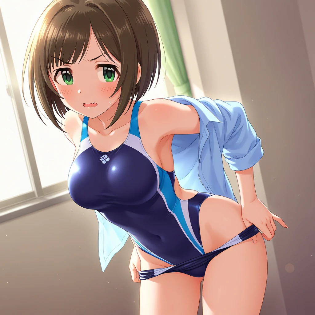 (masterpiece, highest quality, High resolution, 8k, High quality anime illustration, Realistic), Nausicaa, very cute, Sad expression, Pure, Baby Face, blush, alone, Brown Hair, short hair, Red Gem Earrings, Ahegao, Open your mouth, Drooping tongue, Drooling, Alluring, Moist eyes, Open your mouth a little, (Looking at the audience), Cleavage, Beautiful breasts, (High School Uniforms, mini skirt, Coarse Fishnet Tights,Micro bikini underwear, Thong, Coarse mesh clothing), Perfect beauty, Slim body, Sweat, Luxury hotel suites, (Perfectly detailed anatomy, Beautiful and elaborate face&eye:1.5, Shiny skin, Perfect body)、Beautiful buttocks, Put your hands behind your head, Wiggle your hips, 横eye, I want to see the whole body