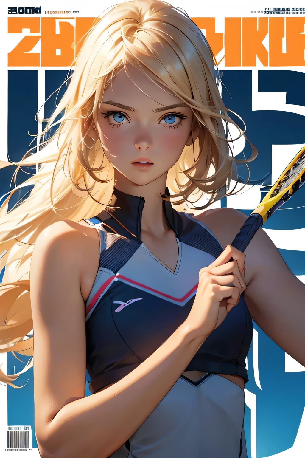 sports magazine cover . Beautiful blonde with blue eyes . she is a tennis player . Posing with a racket .
