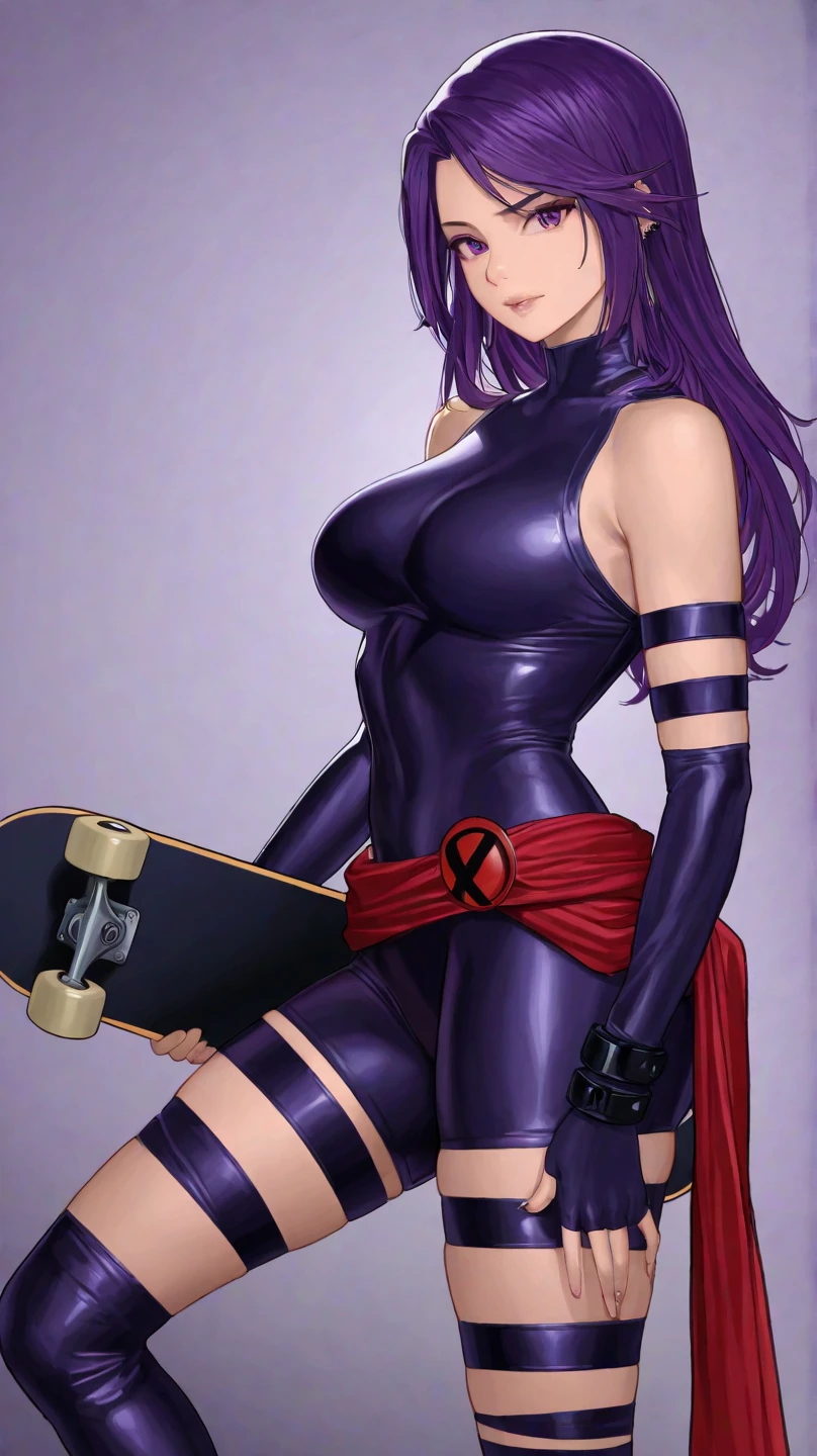 Psylocke with big breasts and beautiful legs is standing with her hands on her hips and a smile on her face.。blush。