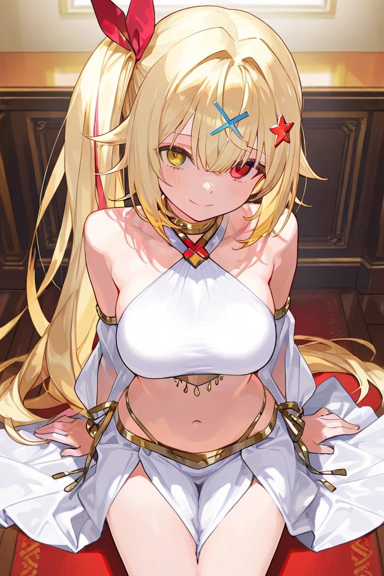 (MASTERPIECE), (Best Quality), (Ultra Detail), Official Art, One Girl, Golden Haired Loli, Petite Little Girl, Saint Lori, Holy Priestess, Gold and Silver See-Through Robe, Sleeveless, Off Shoulder, Small, Small Breasts, Cleavage, Underboob, Thigh Focus, Navel Out, Beautiful Eyes, Sitting on a Red and Gold Chair, Card Illustration, Temple, Wallpaper