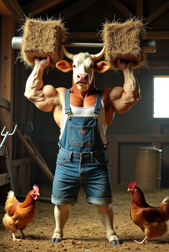 Cow man, exaggeratedly muscular, breasts full of milk, muscular thighs, malicious expression, white fur with black spots, flushed cheeks, blue eyes, farm, nicebulge.