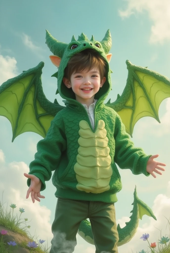 Jeanne-Baptiste Monge, 5 , cute boy, funny, with freckles, a boy with disheveled white hair, curls, big yellow eyes, eyebrows, a house, a snub nose, plump lips with a bow, in a green jumpsuit and sneakers, next to a large green dragon, a book image in the RPG genre, an image from "Dungeons and dragons", fantasy image, book illustration in fantasy style, graphic artist Magali Villeneuve, image of the author in faces, concept art image in fantasy style, realistic illustration in fantasy
