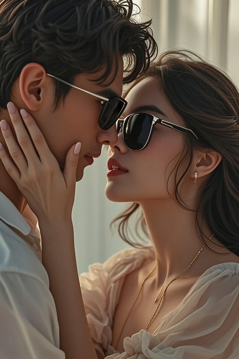 nsfw, (photorealistic:1.4), (masterpiece, side lighting, finely detailed), ((high resolution)), couple, boy kiss girl, perfect face, from germany, 18 years old, (Height difference1.3), different hair color, happy, love,(((lie inside tent at night, properkissing each other)), upper body, (((long honey blonde hair girl, she wears dark Ray Ban sunglasses on her beautiful face, perfect breasts))), (((short black hair boy))), night tent, closed mouth