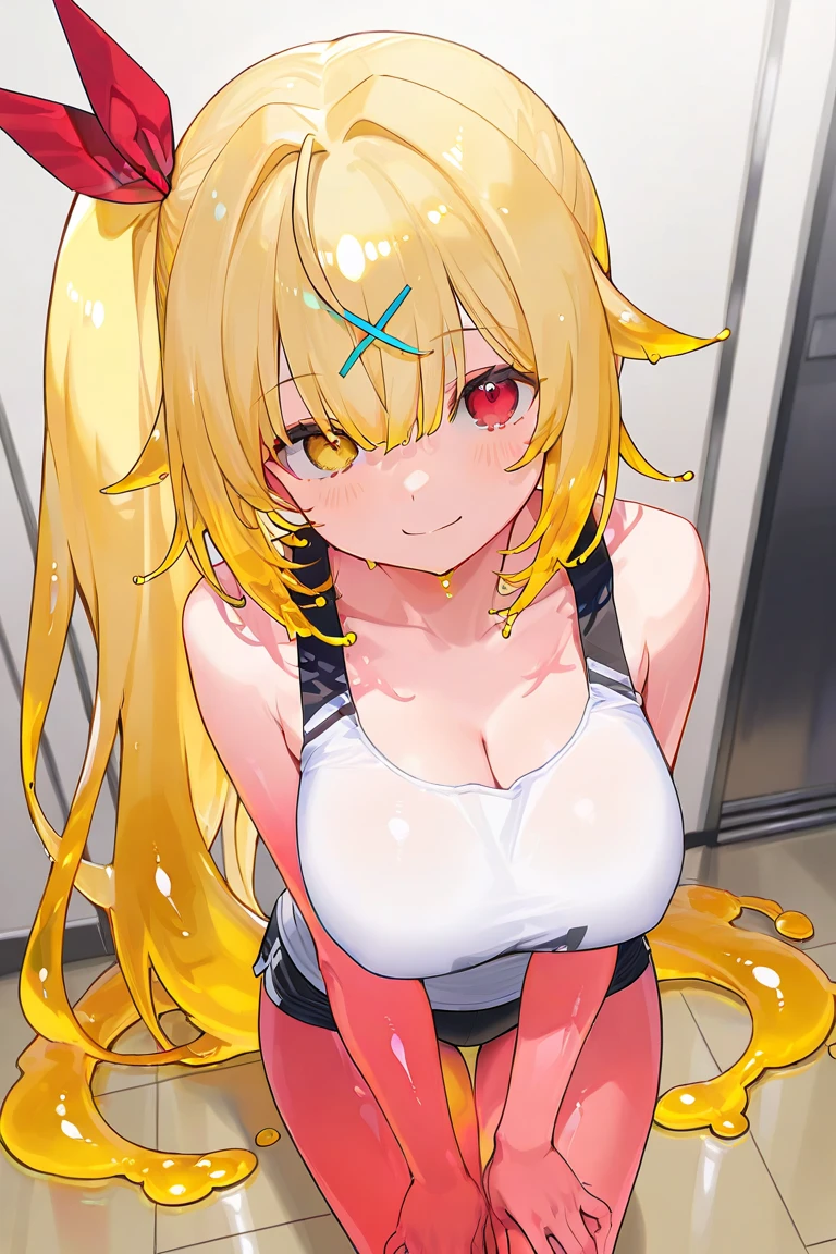Girl Tickled On The Side, 1 girl,big breasts, smile, laughter, Are standing, armpit, grab, tickles, Research room,saliva,open your mouth wide,blonde ponytail,black leotard,