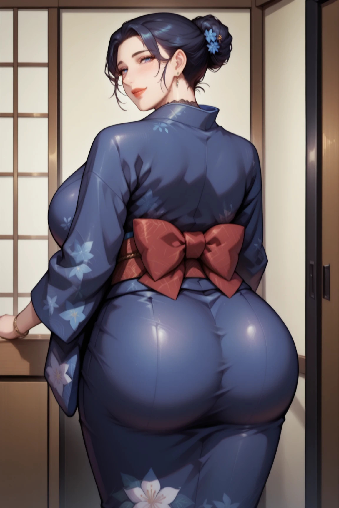 1womanl， （tmasterpiece： 1.3），Beautiful mature Japanese woman， detailed finger， beautiful hand， hyper realisitc， 1womanl， （Sagging breasts， Bewitching body： 1.2） brunette color hair： 1.1， Super detailed face， Detailed lips， Detailed eyes， 二重まぶた， Sexy low-cut neckline kimono， Open neckline， Sagging chest， Back pose， visible curves，full body1:1，Back pose，Huge ass，Show your ass，Huge ass，Show your ass