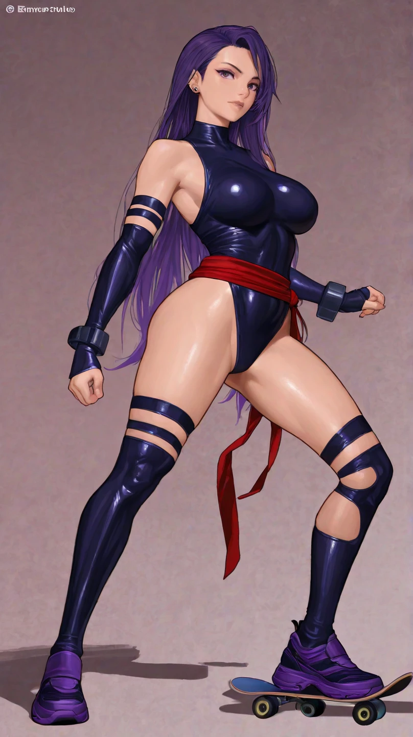 Psylocke, with her big breasts and long legs, is blushing and standing with her legs spread apart。