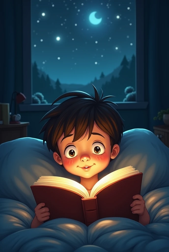 Something related to solitary reading. A cartoon art of a boy wearing a sweatshirt reading the book close to his face and the scene is in the dark and only a small light