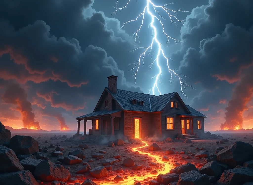 Search for photos of a hut on fire after being struck by lightning."anime style