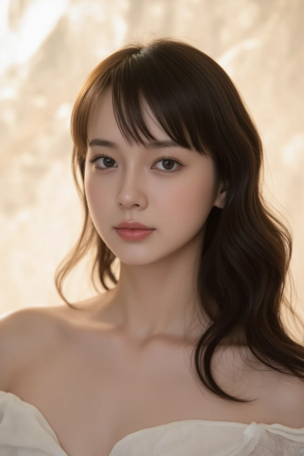 ((masterpiece:1.4、top-quality))、(photographrealistic:1.4)、profetional lighting、physically-based renderingt, dark brown hair、layers-Cut、extra detailed face、Detailed skin、(Women in Japan:1.05)、21 yo、thin bunches of bangs、knit、White Room、white walls、Bright lightingg, topless, nsfw, nipples