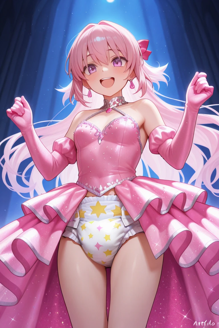 Whirly is a pale-skinned girl with pale pink cheeks and curly fuchsia hair with a single orange strand through her bangs. Her hair is pulled into two large buns resembling swirled candies with two smaller buns beneath it; the right bun has white stripes, while the left has orange. She wears a yellow bow with a heart-shaped center and an orange and white accessory on the right of her head.
Her dress is fuchsia with puffed sleeves, one of which is yellow. Around the hem is bright yellow coloring to match her socks. She wears fuchsia sneaker-boots with orange strings and white toe and bottom. SPARKLE; GLITTER