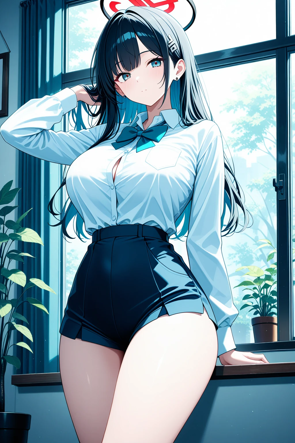 A woman with big ，Beauty，Black long hair，Bow，(Fully transparent sailor suit:1.2)，(Lace headband)，weak，Sexy，Color，lactation，Showing belly，blush，Bright Light，ahegao，On the bus，Standing，Multiplayer，