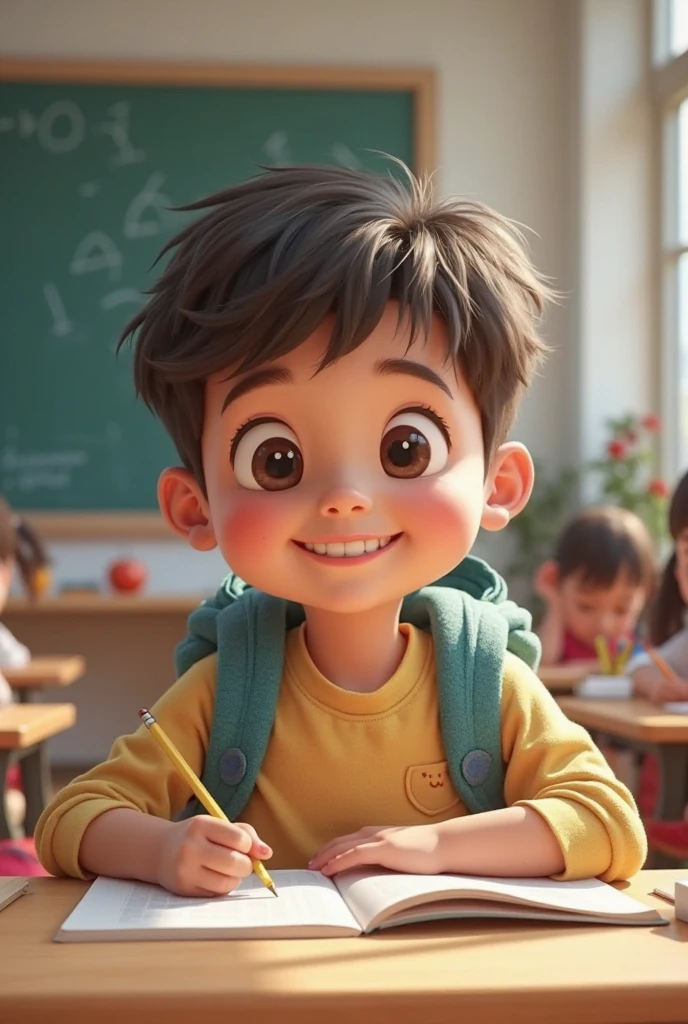 Very cute boy cartoon character, classroom, with friends watching the teacher tell stories, unreal engine, warm interior lighting, arts station, Detailed digital painting, cinematographic, character design by mark ryden and pixar and hayao miyazaki, Unreal 5, daz, Hyper realistic, Octane rendering